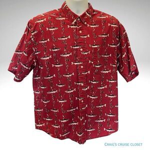 Natural Issue Red Fish Print Casual Button Down Shirt, Size XL 100% Cotton